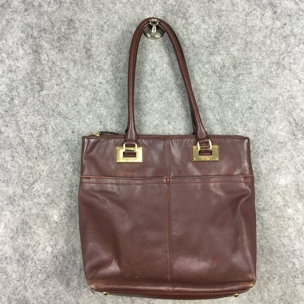 Tignanello Tote Handbag Purse Brown Leather Dark Gold Hardware Pouches Shopper
